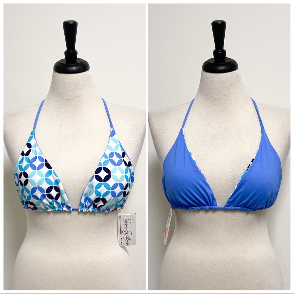 Swim Systems Reversible Iconic Tiles Blue White Sliding Triangle Bikini Top NWT